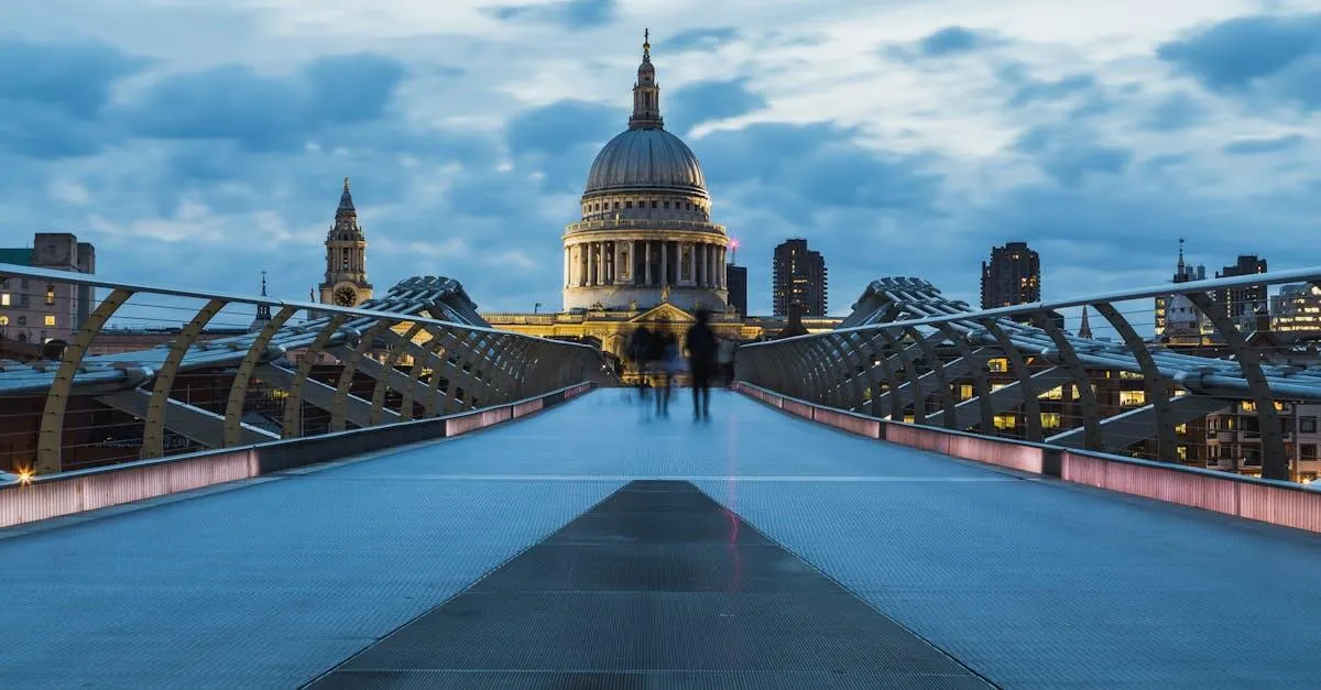 A striking shot of St Paul's Cathedral in London taken from Millennium Bridge at dusk, highlighting modern architecture.