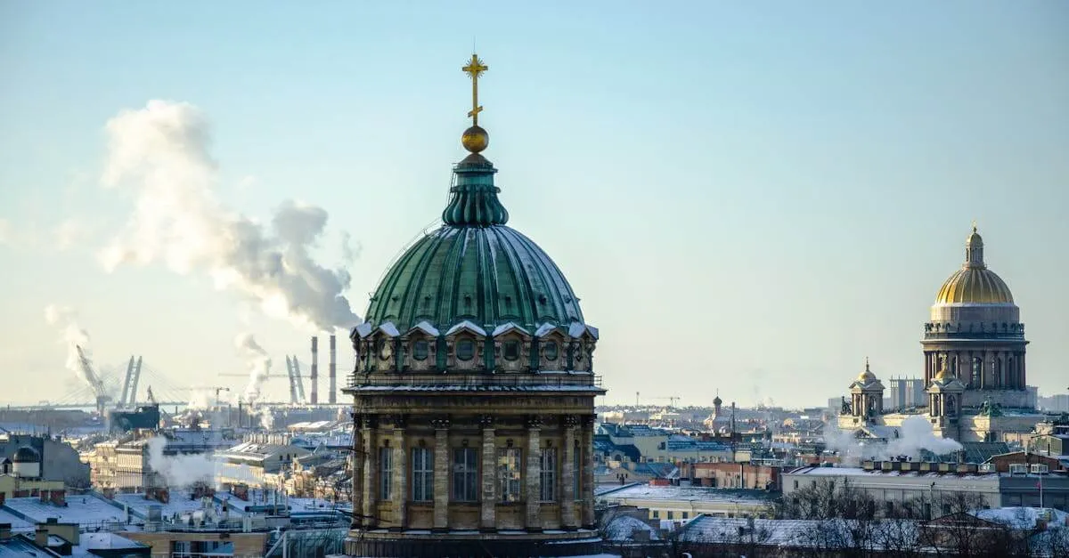 Scenic winter view of St. Isaac's Cathedral in St. Petersburg with snow and clear sky.