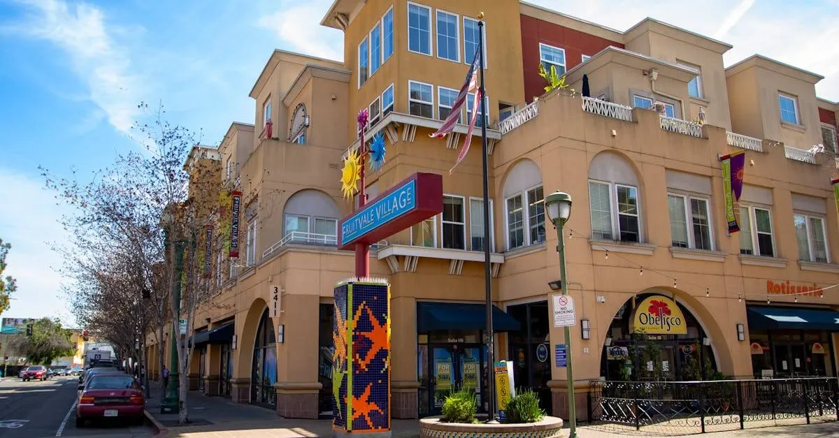 Colorful building exterior of Sunnyvale Village under a clear blue sky.