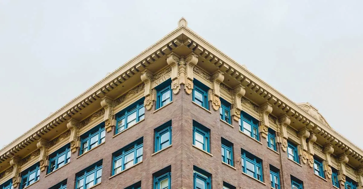 Low angle view of a classic multi-storey building showcasing vintage architecture in Tacoma, WA.