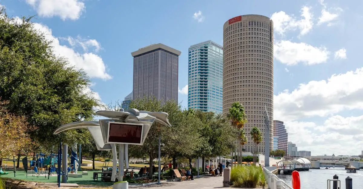 Explore the scenic Tampa Riverwalk with modern skyscrapers and lush parks.
