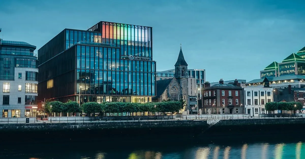 Evening view of Dublin's modern waterfront architecture with colorful reflections along the Liffey River.