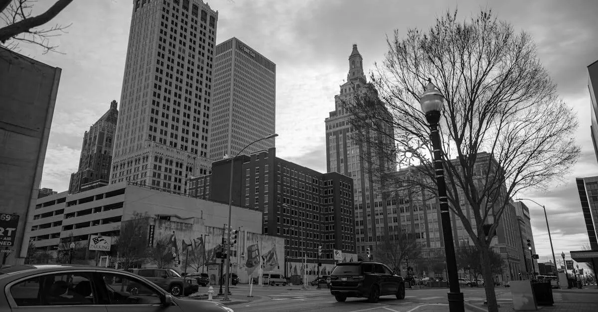 A striking black and white cityscape of downtown Tulsa, showcasing its distinctive architecture.