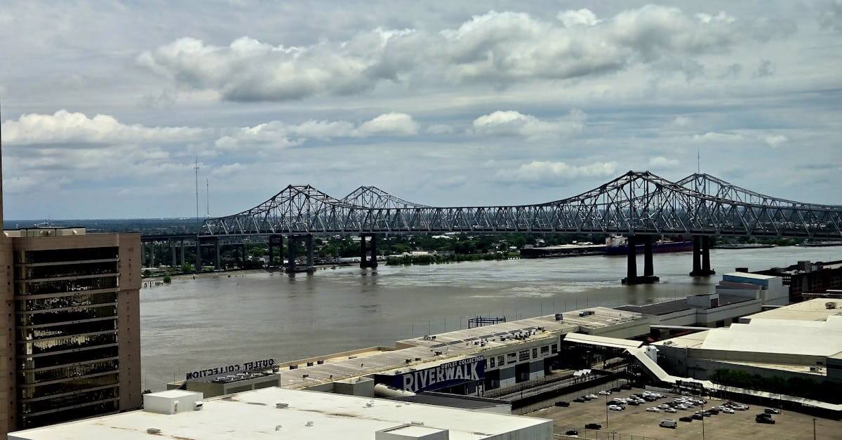 Stunning urban view of Mississippi River bridge from downtown area with cloudy sky.
