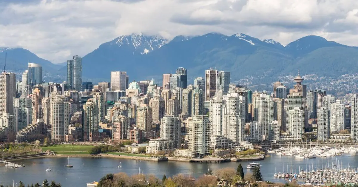 Stunning view of Vancouver's skyline with mountains and marina in the background.