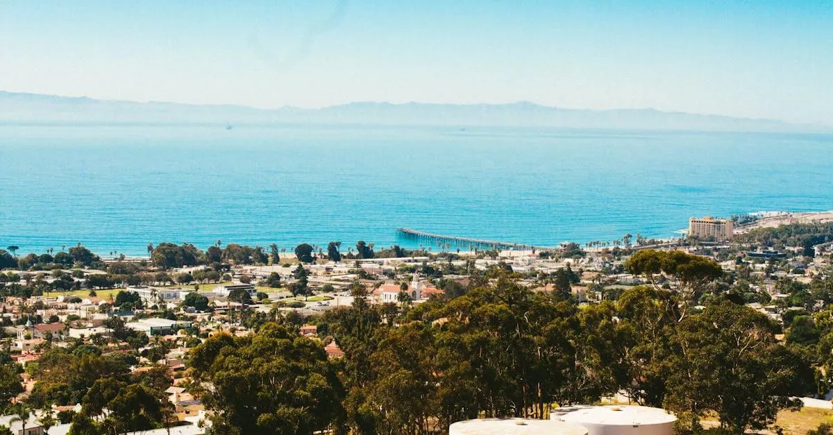 A stunning aerial view of Ventura, California capturing the coastal town and ocean on a sunny day.