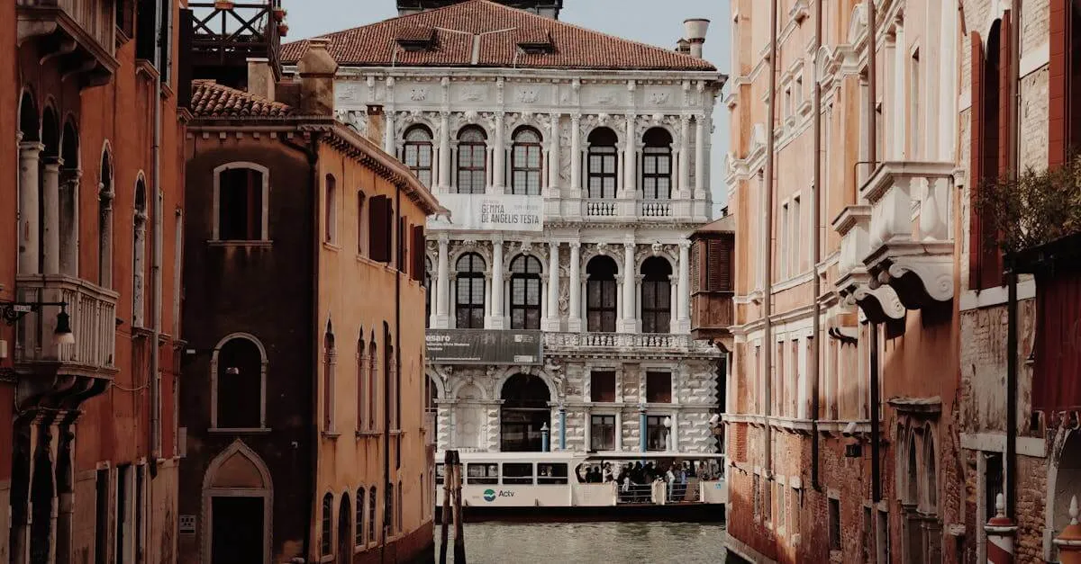 Discover the architectural beauty of Ca' Pesaro Palace along a serene Venice canal with a passenger boat.