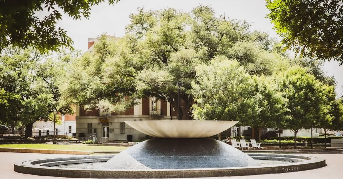 Scenic view of Rosenbalm Fountain surrounded by trees on a sunny day at Baylor University campus, Waco, Texas.