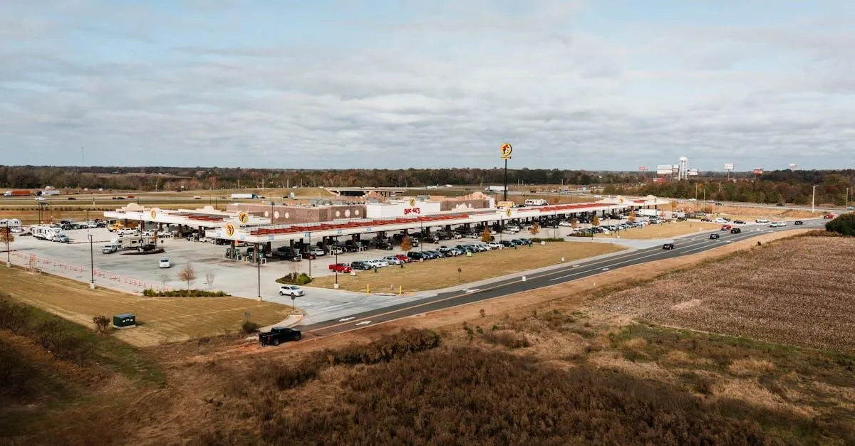 Wide aerial view of Buc-ee's gas station in Warner Robins, Georgia surrounded by lush landscape.
