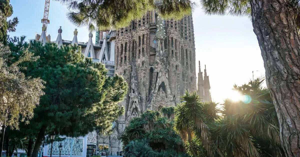 A picturesque view of Sagrada Familia with surrounding trees in Barcelona, Spain.