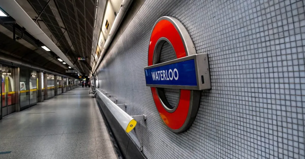 Waterloo Underground Station in England featuring the iconic tube sign.
