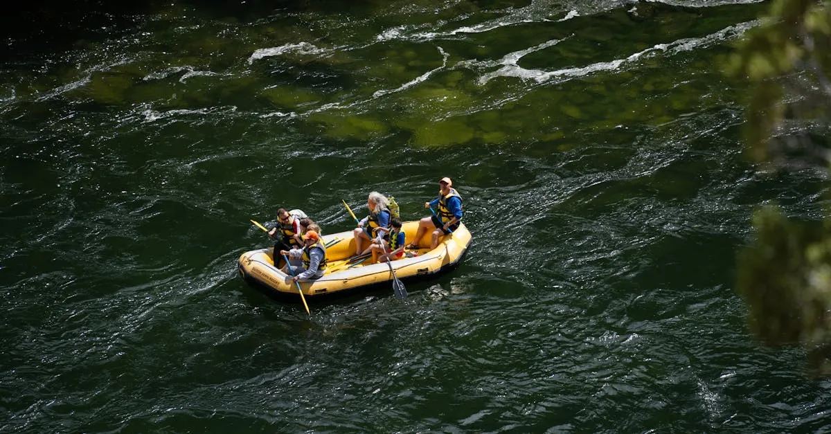 Family enjoying rafting adventure on Green River, Utah, in a yellow inflatable raft.