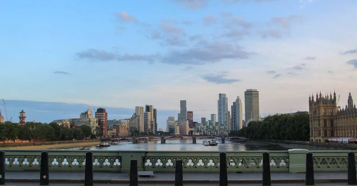 A scenic view of London's skyline featuring the River Thames and iconic landmarks.