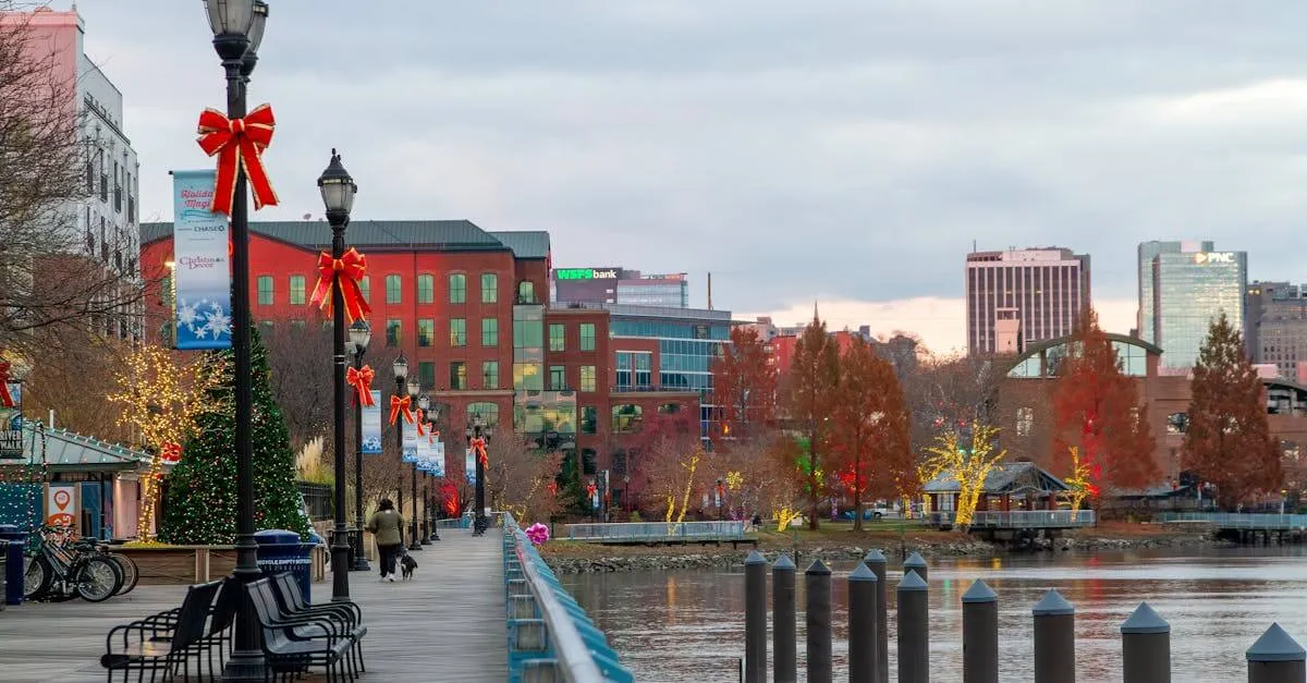 Festively decorated Wilmington riverfront with holiday lights and bows along the walkway.