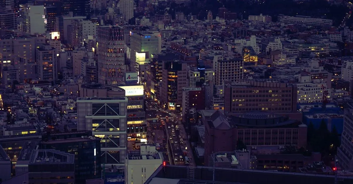 Captivating aerial view of Shibuya City, Tokyo at night showcasing the bustling urban landscape and vibrant skyline.