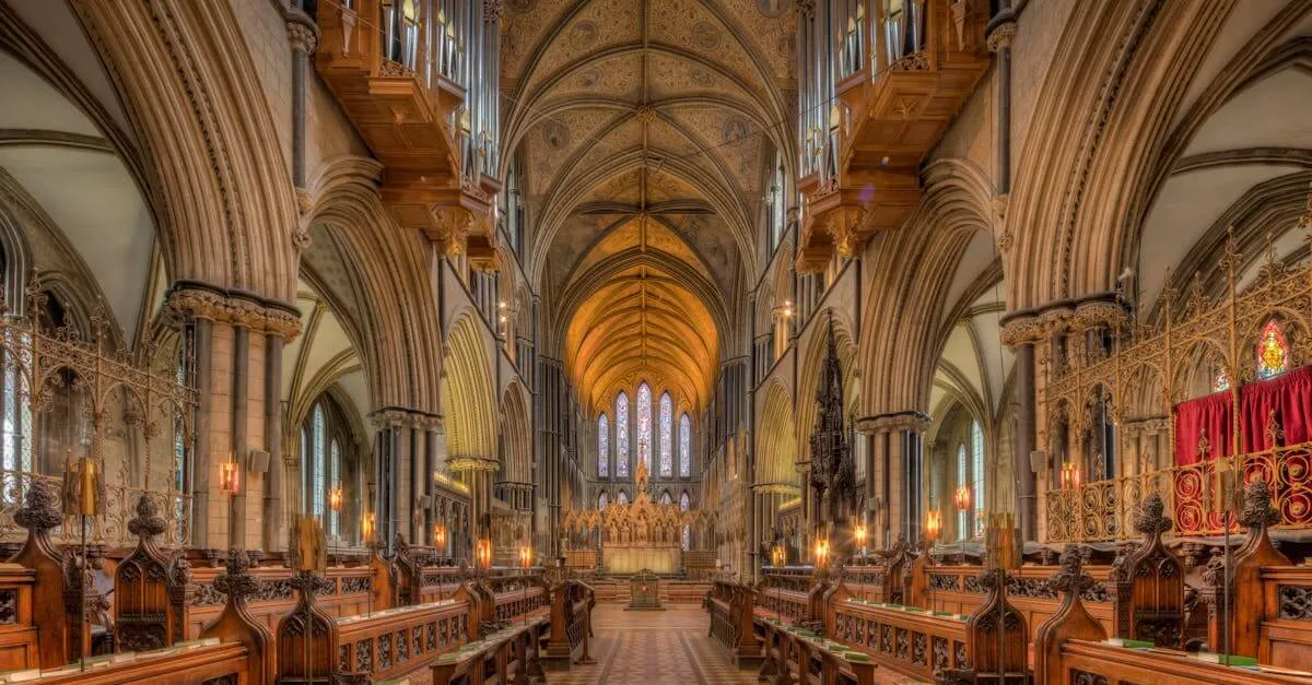 A breathtaking view of the ornate Gothic architecture inside Worcester Cathedral, England.
