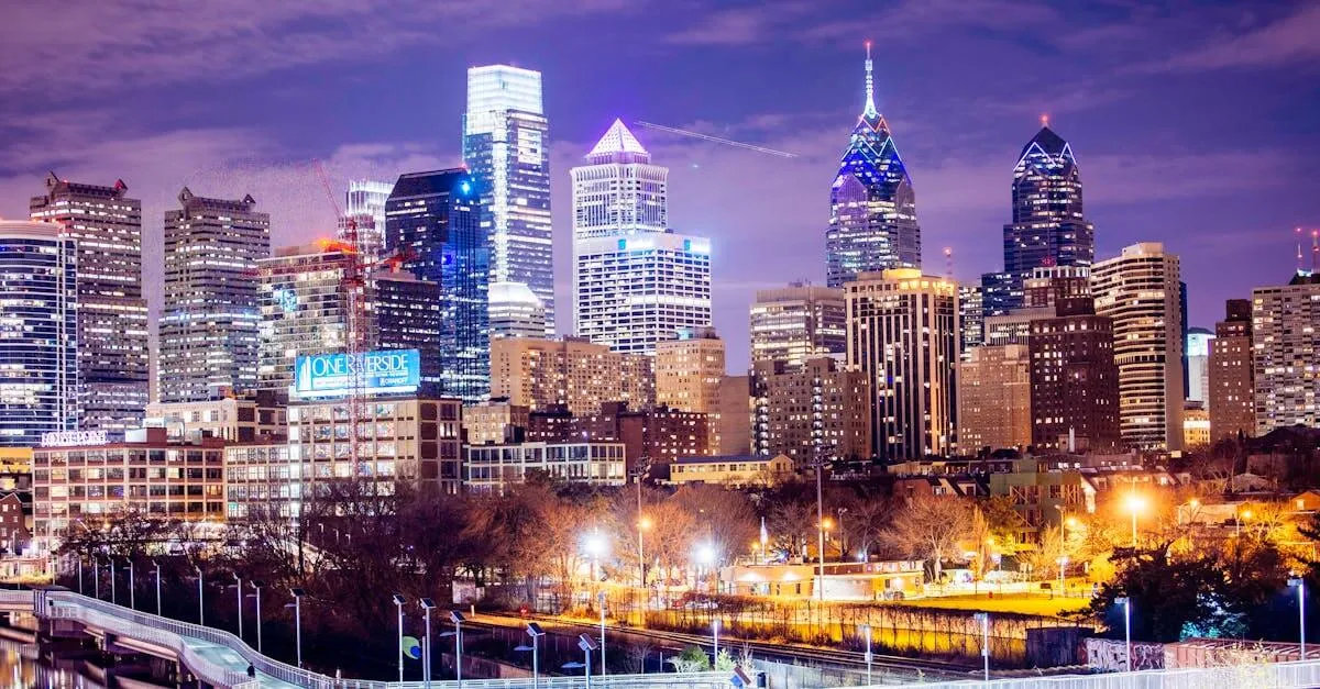 A vibrant view of Philadelphia's illuminated skyline at night showcasing modern skyscrapers.