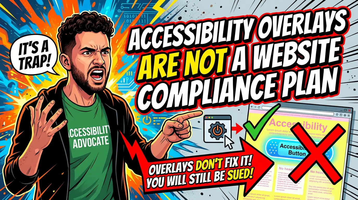 Accessibility overlay warning for small business websites showing real WCAG fixes beyond a compliance widget