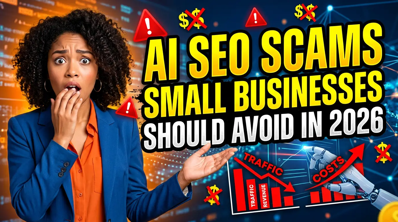 Warning graphic for AI SEO scams showing red flags around fake AI search guarantees and shady vendor promises