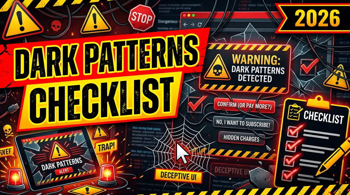 Dark patterns website checklist warning graphic for 2026