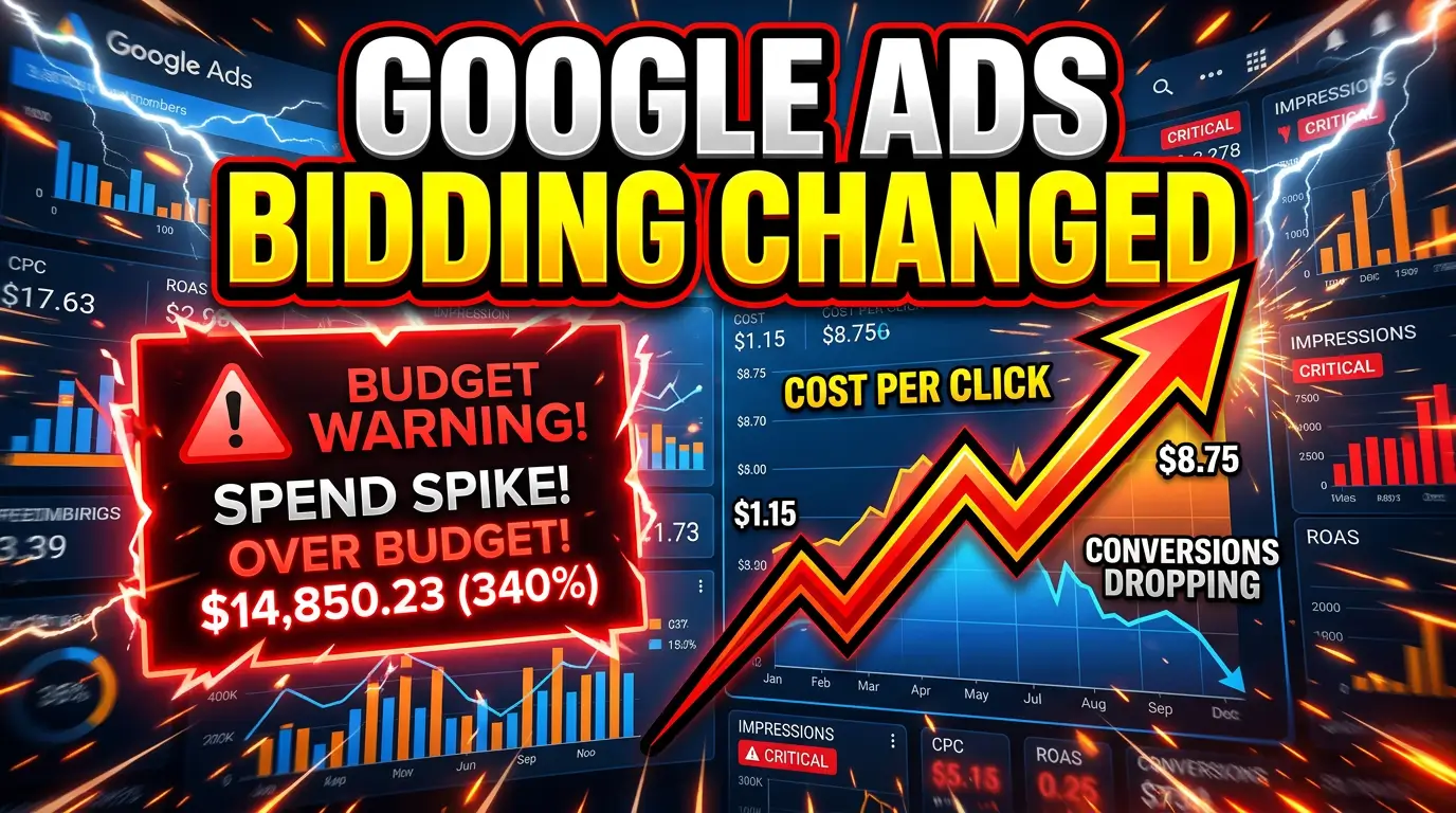 Google Ads dashboard showing budget-limited Target CPA and Target ROAS bidding changes
