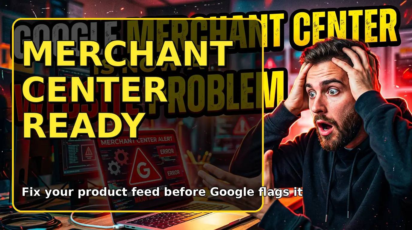 Bold ecommerce thumbnail reading Merchant Center Ready with product feed cards and a small business online store