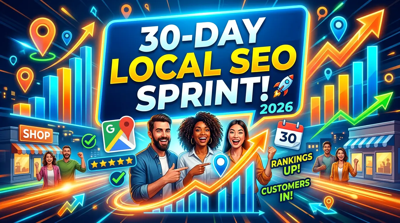 30-day local SEO sprint roadmap for small businesses covering Google Business Profile, reviews, service pages, tracking, and lead generation.