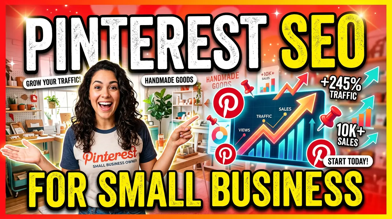 Pinterest SEO thumbnail showing visual search, keyword boards, product pins, and small business discovery
