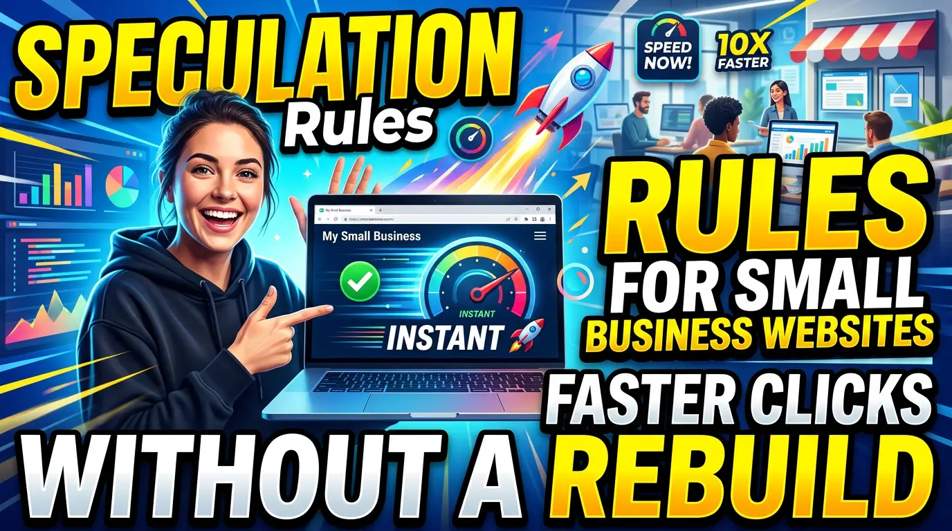 Bold thumbnail text reading Faster Clicks No Rebuild with a website speed graphic