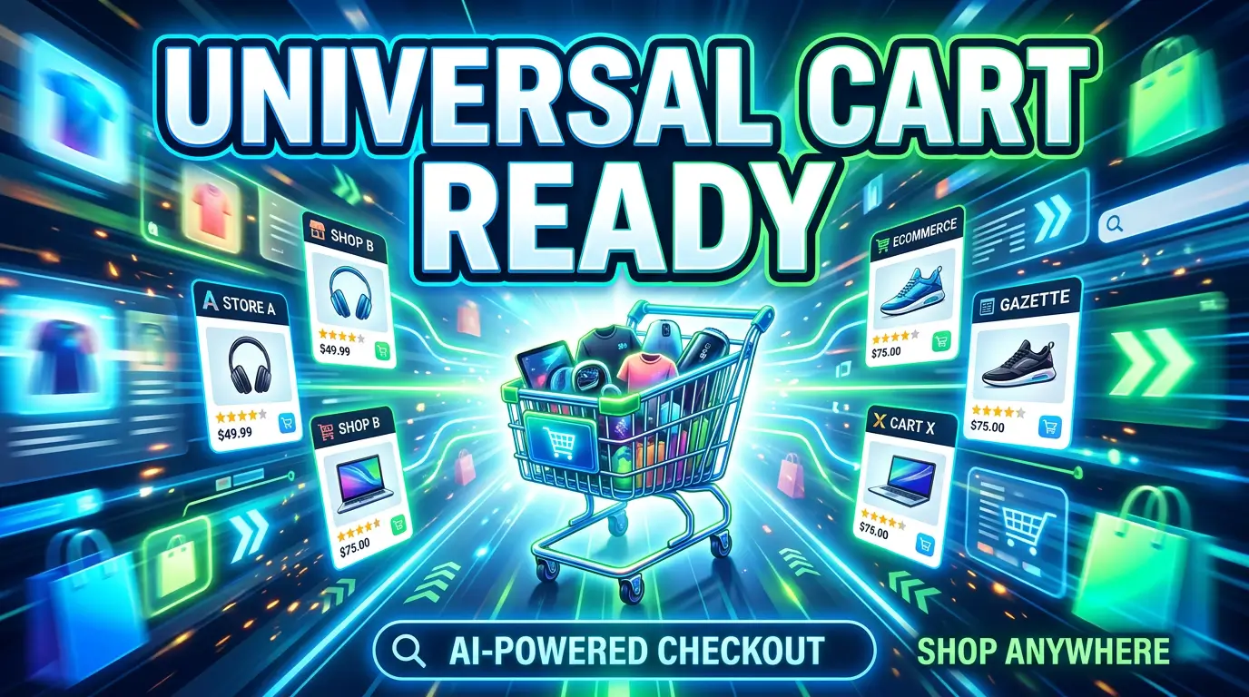 Bold ecommerce thumbnail reading Universal Cart Ready with product cards, checkout icons, and Google shopping style interface