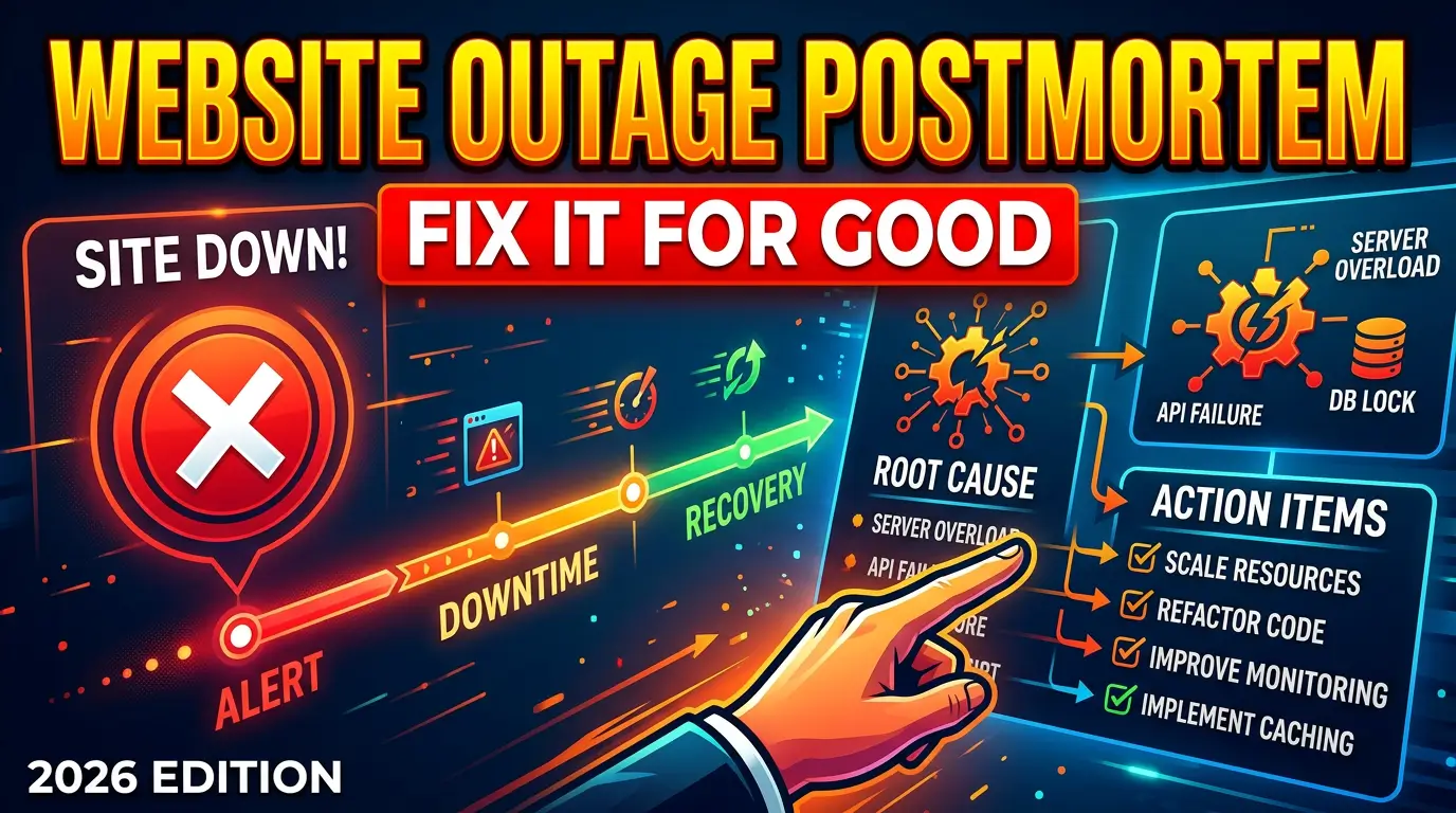 A practical website outage postmortem template for web teams and business owners, including timeline, impact, root cause, communication, action items, and prevention checks.
